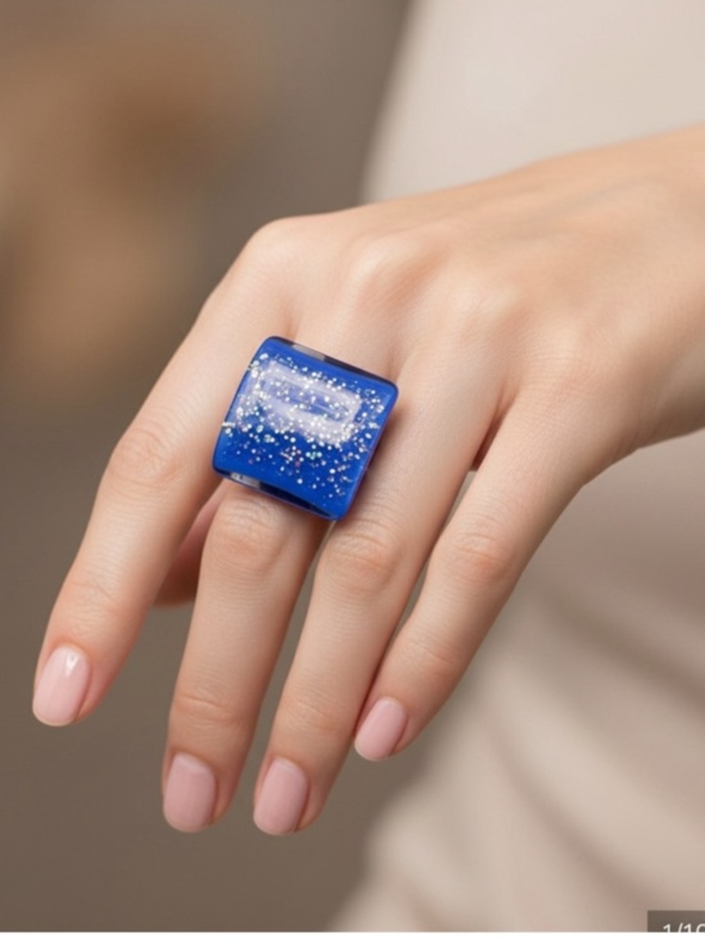 Royal Blue Glitter Square Acrylic  Statement Ring Adjustable